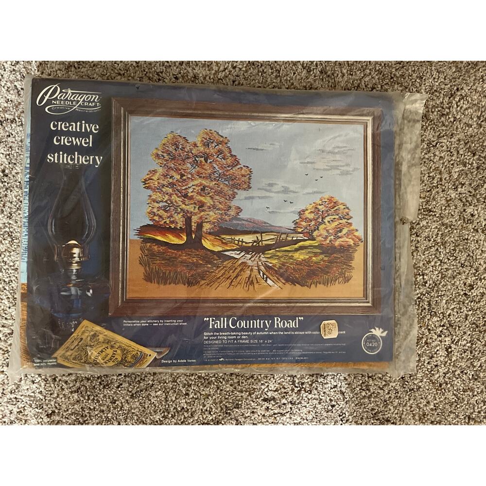 VTG Paragon NeedleCraft Creative Crewel Stitchery Fall Country Road Trees 0420